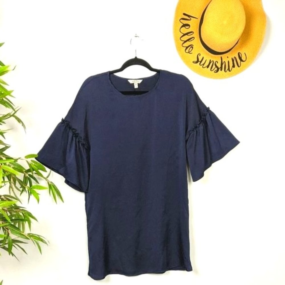 Speechless Navy Blue Ruffle Bell Sleeve Shift Dress M Loose Satin